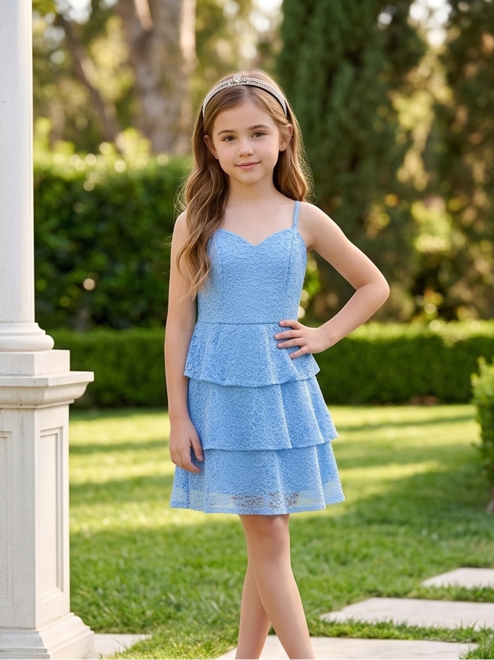 by & by Light Blue Tiered Lace Spaghetti Strap Dress